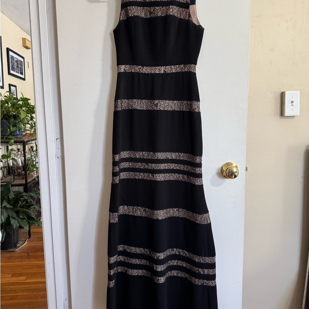 Elegant Black and Gold Striped Evening Dress